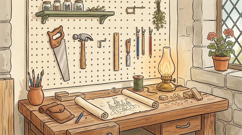 Illustration of a cozy workshop wall of hand tools above a bench holding a blueprint sketch of a castle