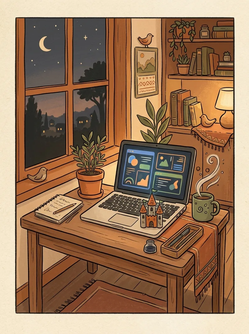 Illustration of a cozy evening desk with a laptop showing app dashboards, a coffee mug and a tiny castle figurine