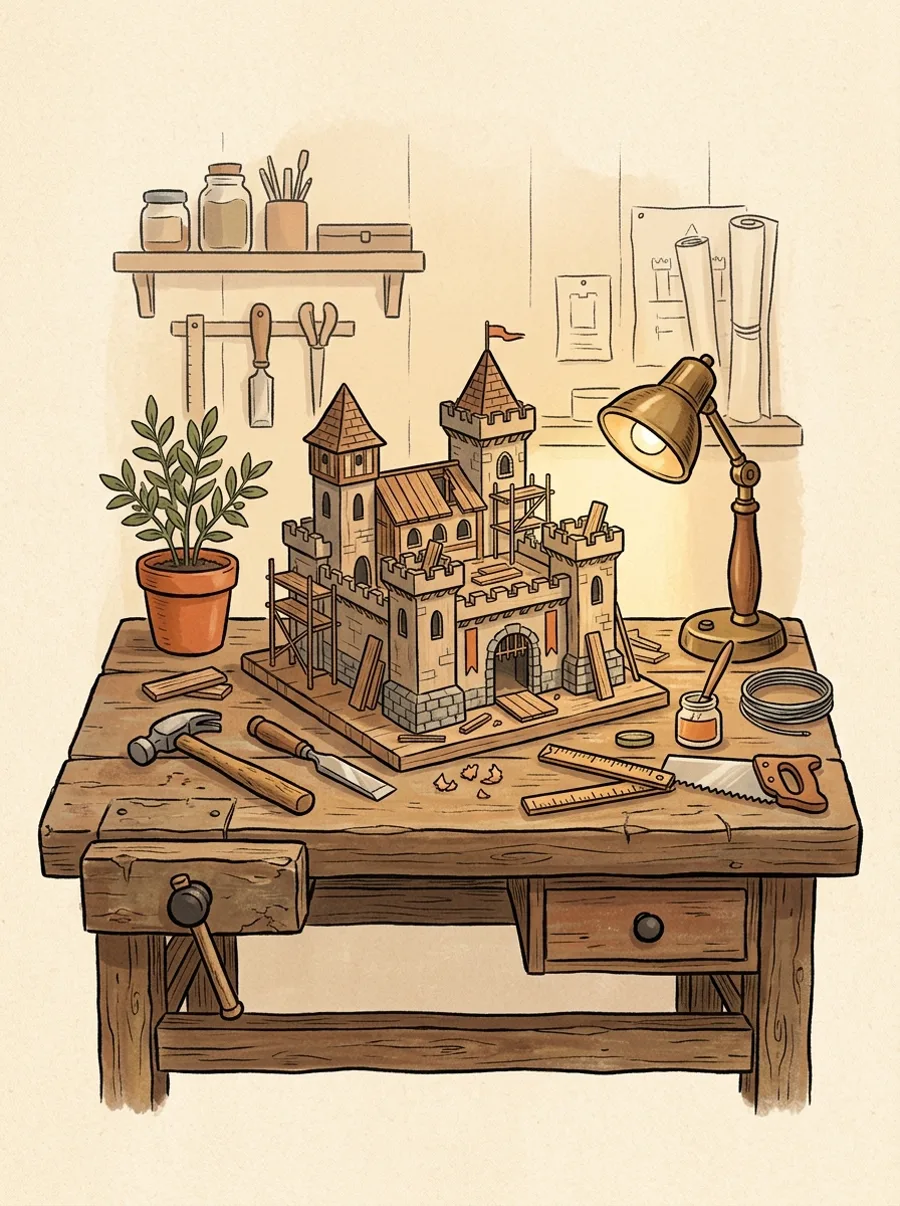 Warm illustration of a craftsman's workbench with a small castle model under construction, surrounded by hand tools